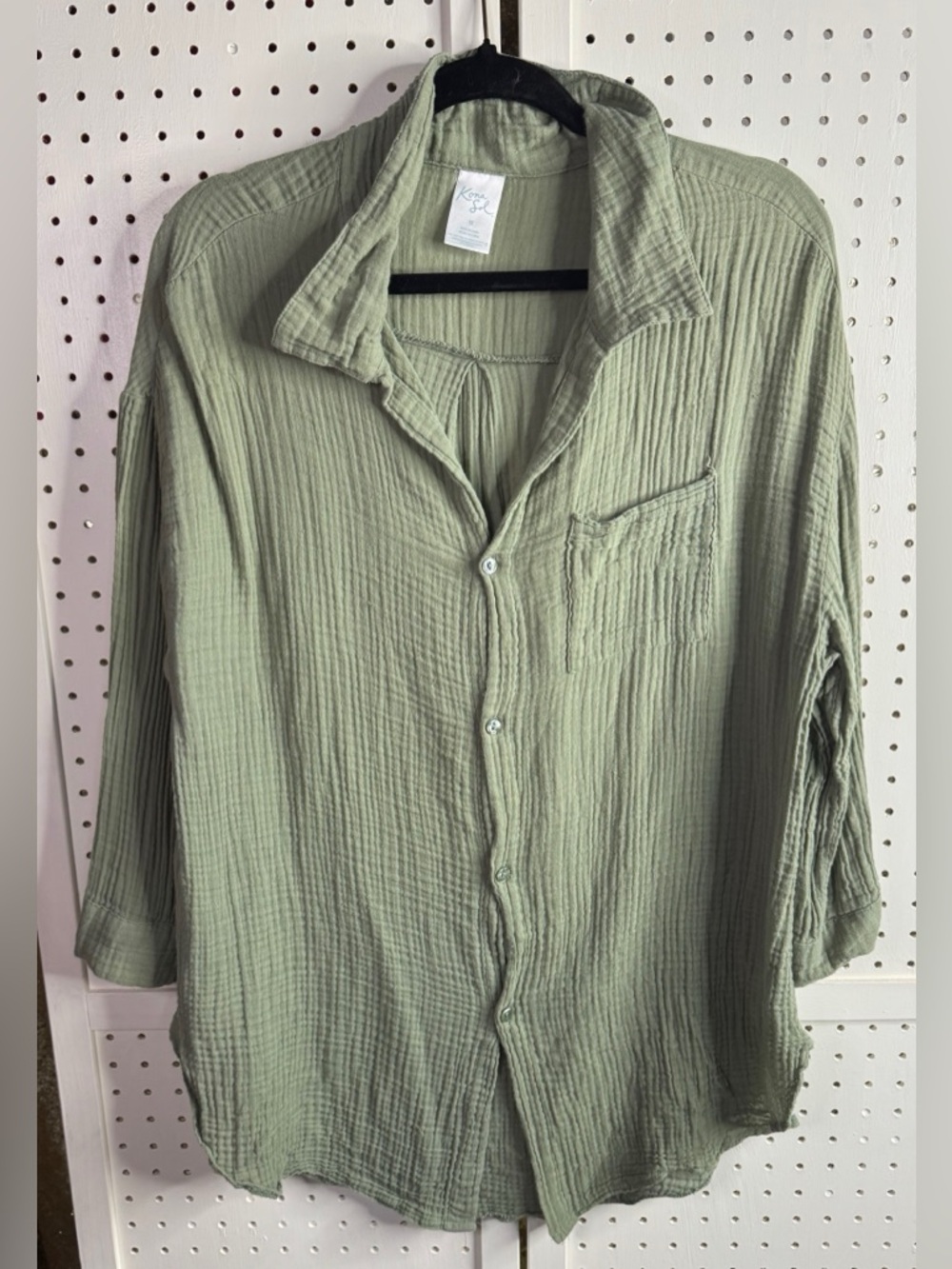 Kona Sol Olive Green Textured Button Down Cover Up Shirt Medium Lightweight - Picture 4 of 5